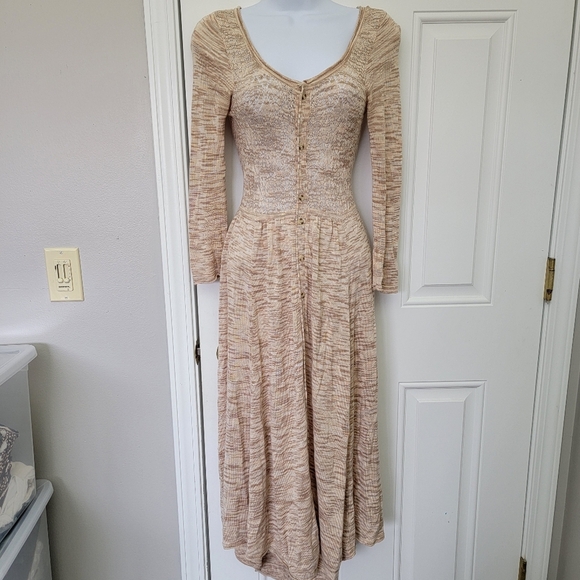 Free People Dresses & Skirts - Free People Space Dye Open Knit Crochet Button Front Midi Dress Tan Cream XS